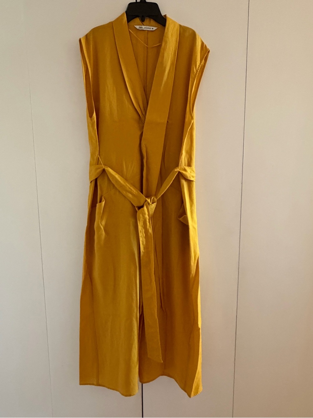 Zara Sleeveless Mustard Wrap Front Midi Dress with Belt